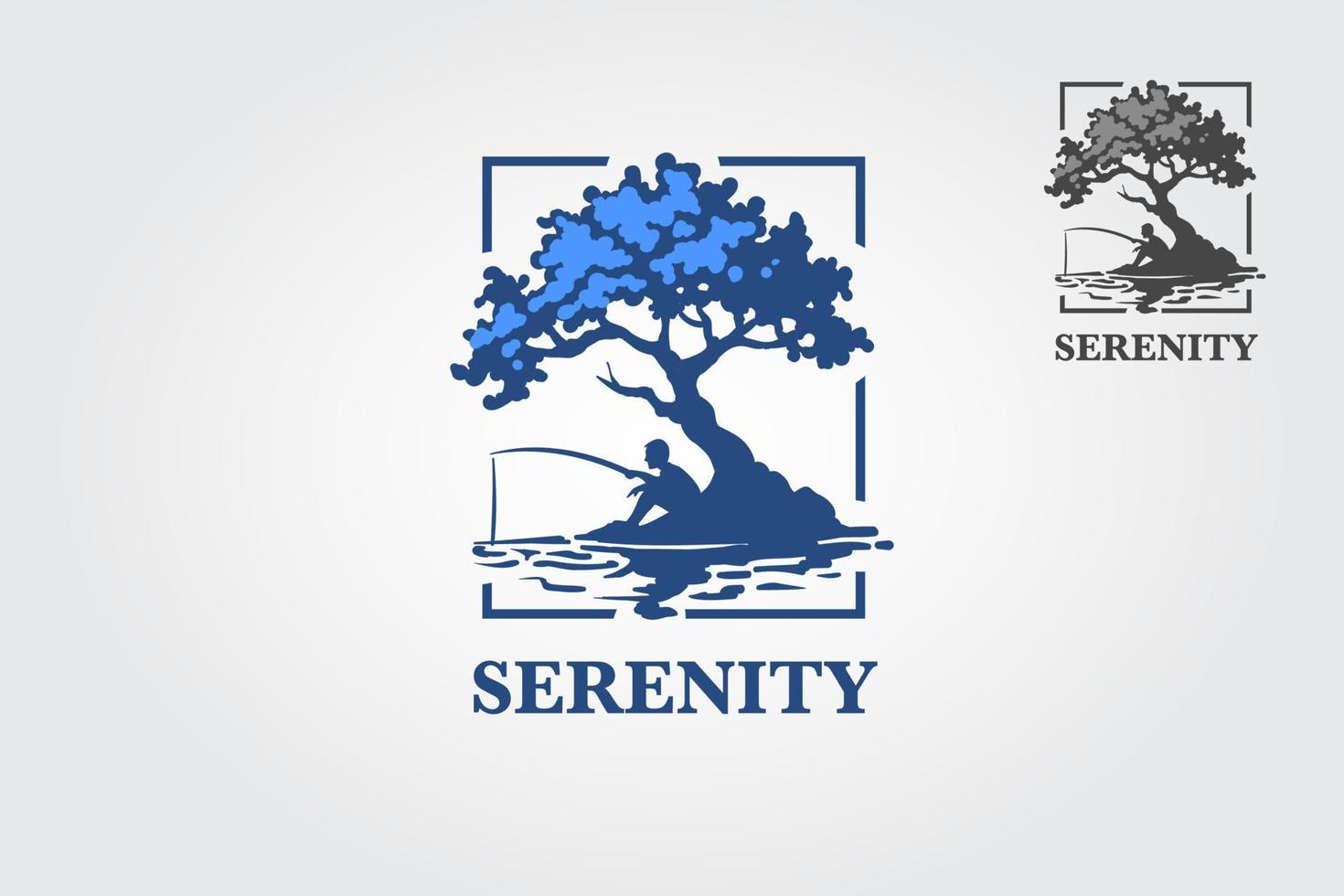 Serenity Vector Logo Template. This logo illustration depicts someone who is fishing under a tree by the lake to find peace.