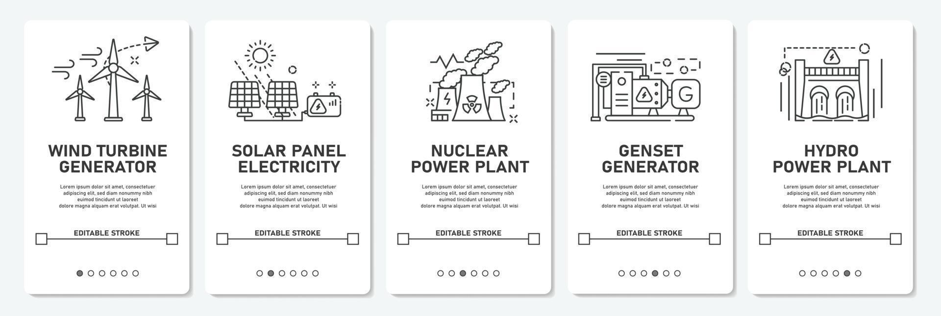 planta de energía generadora de desarrollo de interfaz de usuario con turbina eólica, celda solar, nuclear, grupo electrógeno, logotipo de energía hidroeléctrica trazo editable de vector simple