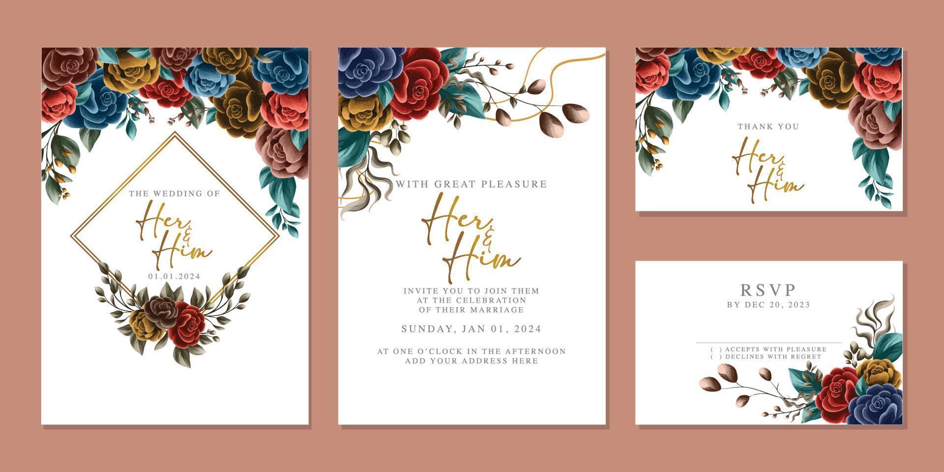 plantilla de fondo de tarjeta de invitación de boda de flores hermosas de lujo vector