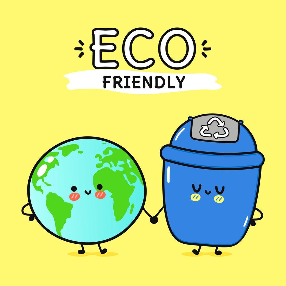 Cute happy planet Earth and trash can card. Vector hand drawn doodle style cartoon character illustration icon design. Happy planet Earth and trash can Eco friendly concept card