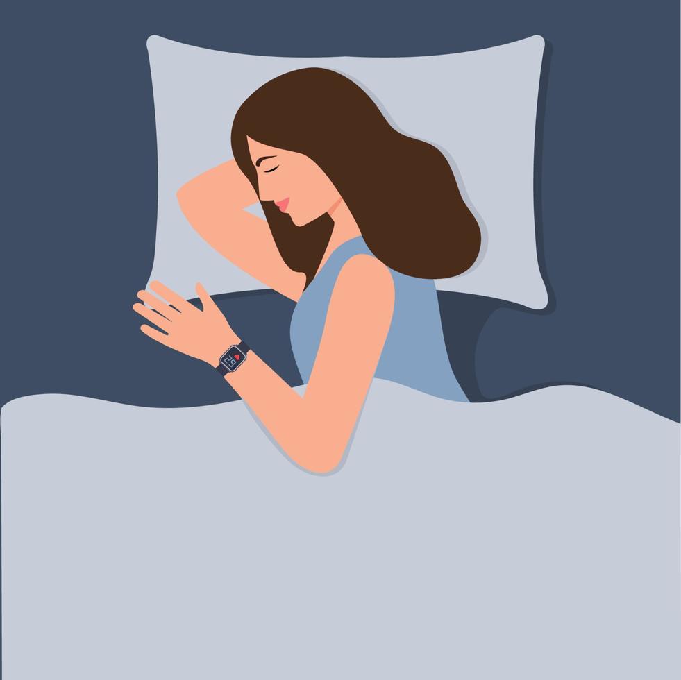 Sleeping young woman control quality and quantity of sleep. A girl sleeps with a smart watch on her hand. Night rest, relaxation concept. Vector illustration in flat style