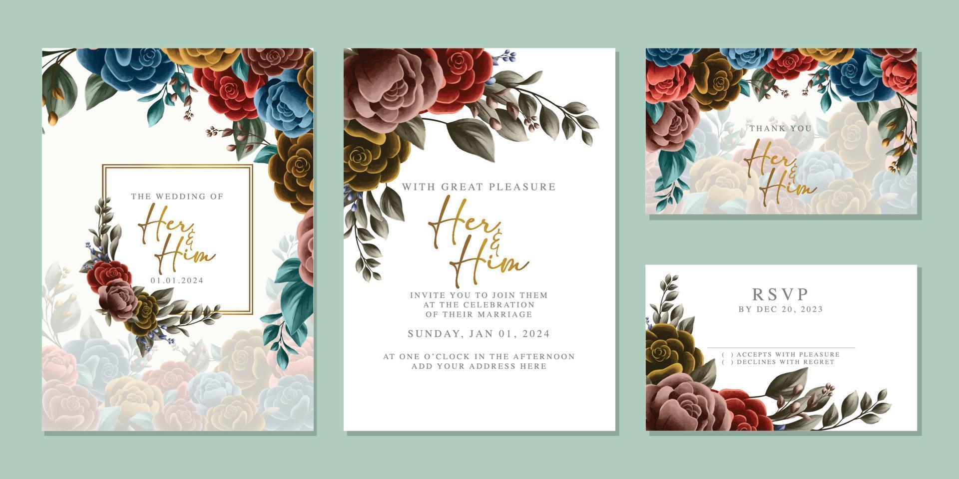 plantilla de fondo de tarjeta de invitación de boda de flores hermosas de lujo vector