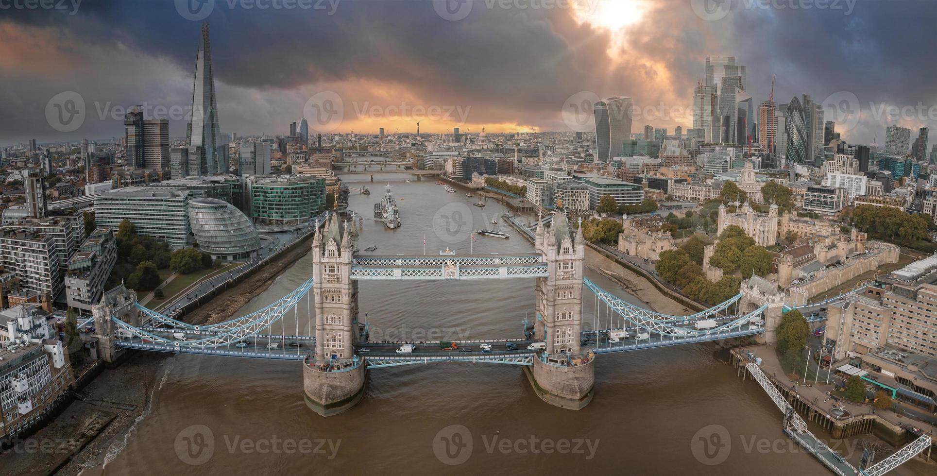 Aerial view of the Tower bridge, central London, from the South bank of the Thames. photo