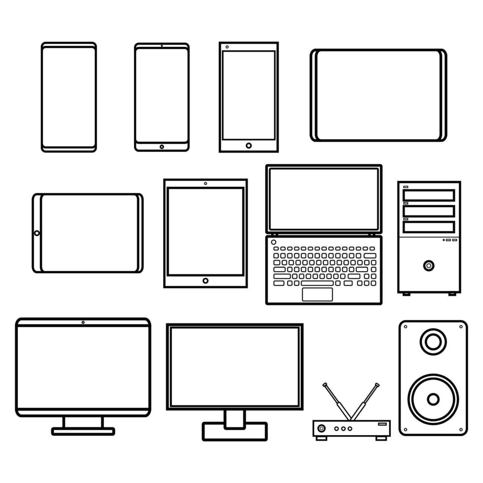 ilustración vectorial de un gran conjunto de iconos planos de teléfonos inteligentes digitales, computadoras, monitores de módems en un fondo blanco. concepto de tecnologías digitales informáticas vector