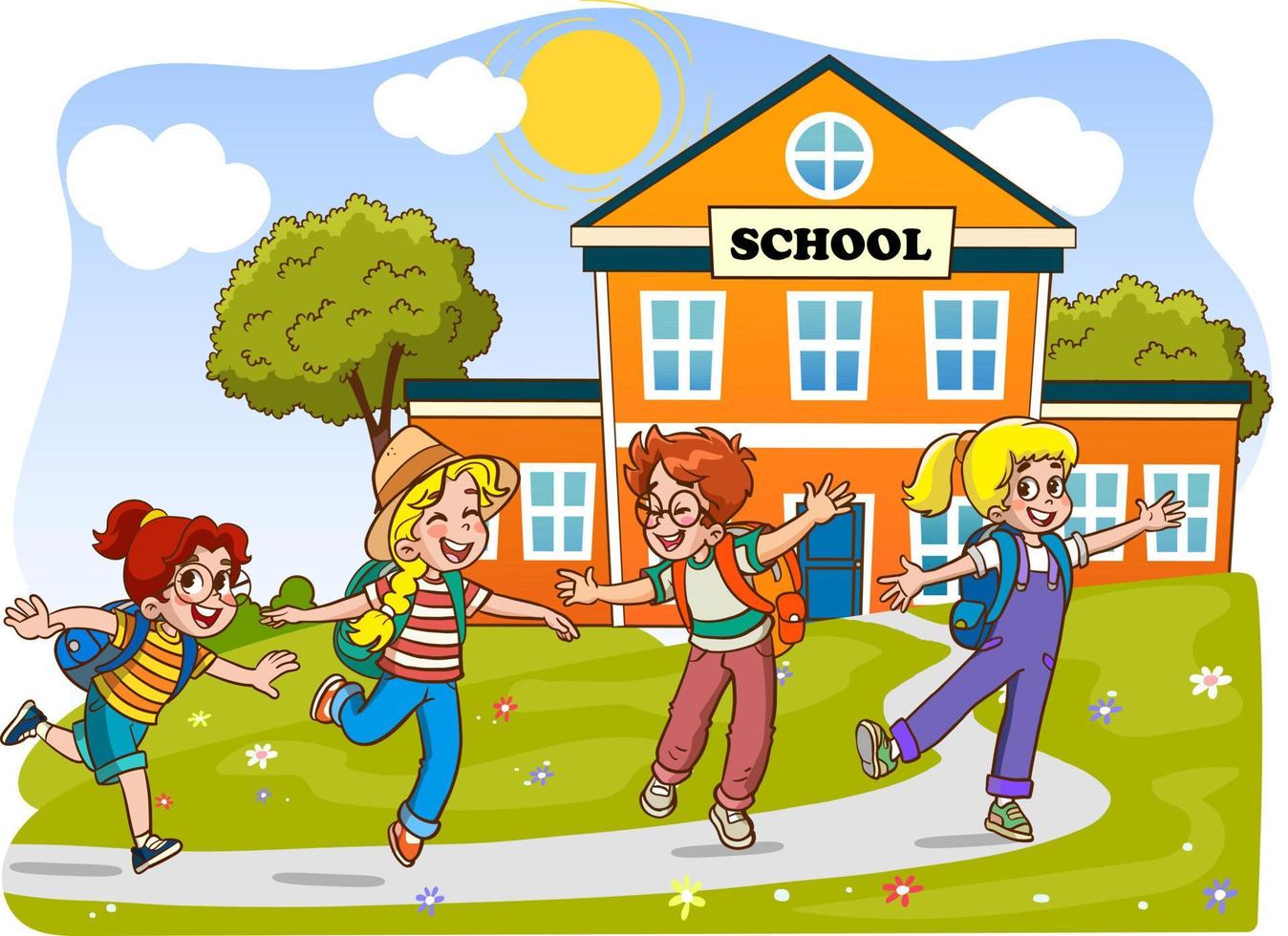 happy cute little kids boy and girl study with teacher.illustrations of cheerful children's school life. vector