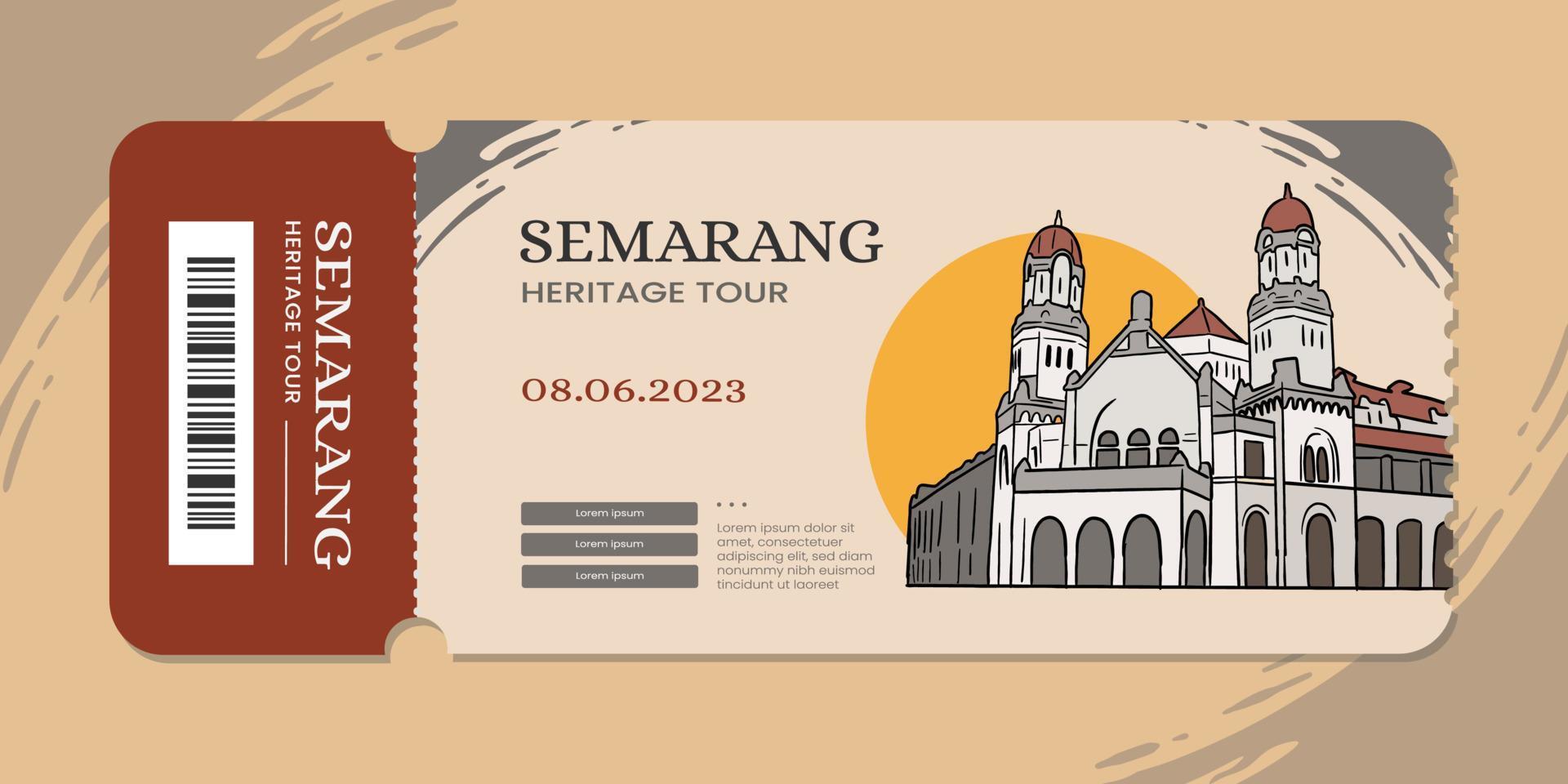 Ticket design template with semarang heritage culture for tourism vector