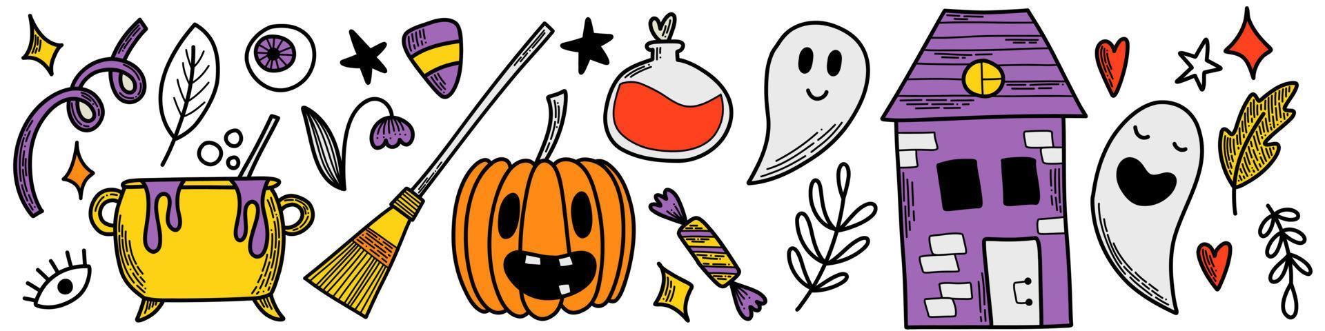 Halloween vector set of elements. Line art flat design. Pack of outline symbol. Design icons for promotion banners and cards. Pumpkin, jack o lantern, candy, poison, candle, spell, bone, magic.