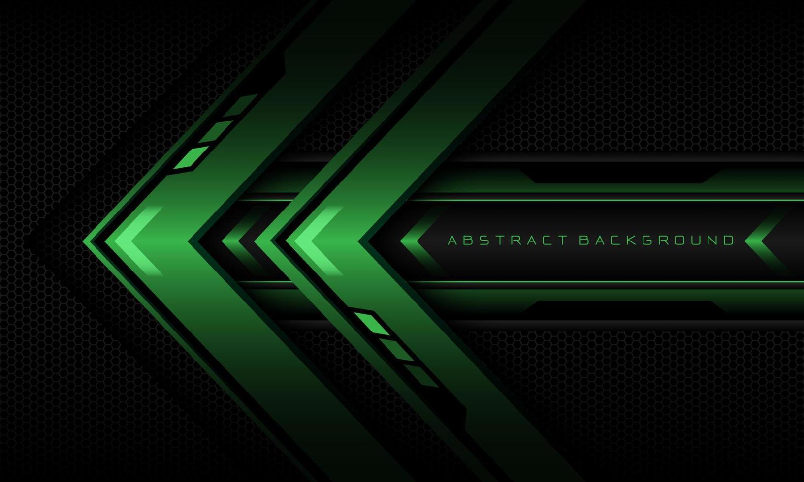 Abstract green arrow black cyber geometric line banner on black hexagon mesh pattern design ultramodern luxury futuristic technology background vector