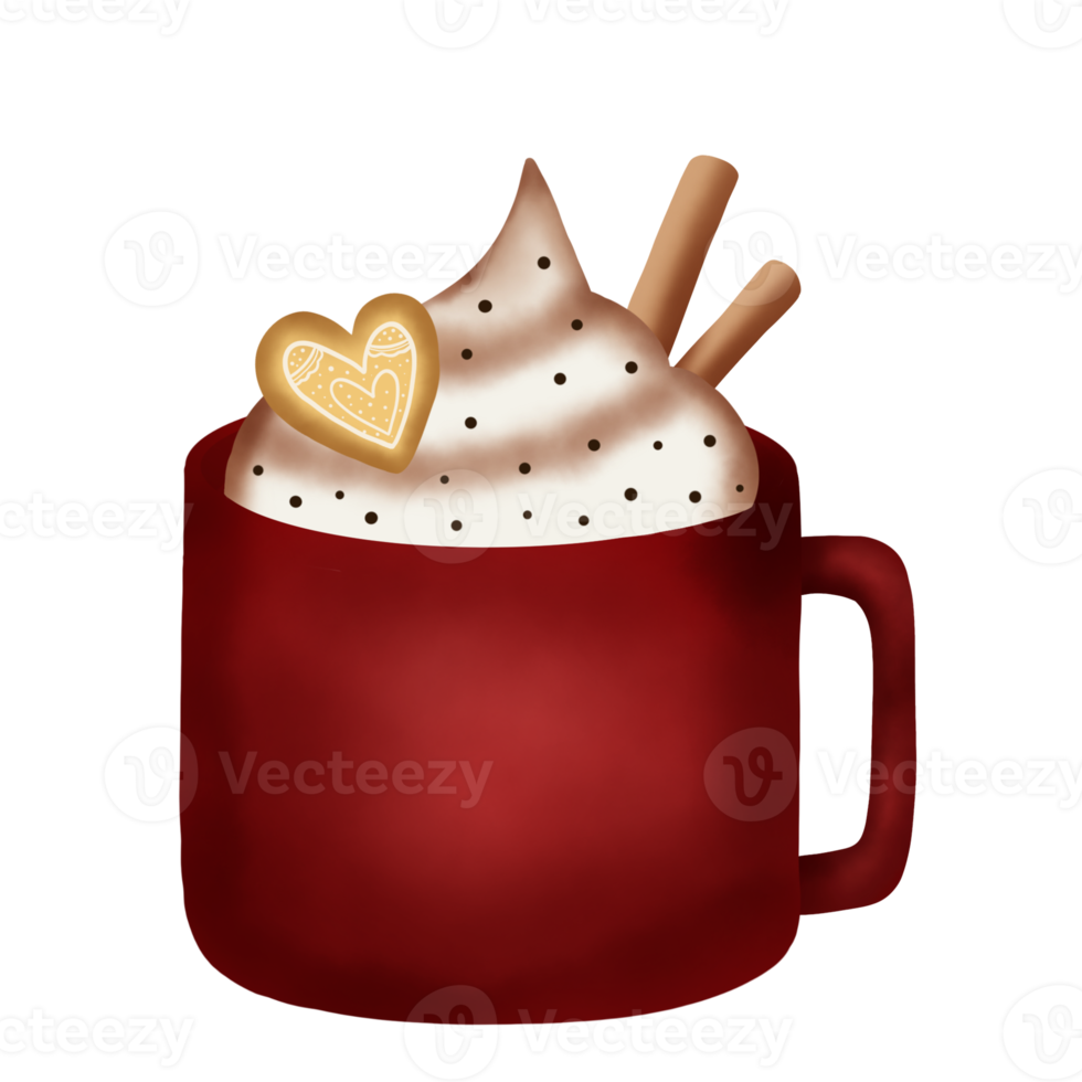 illustration aquarelle dessinée à la main de chocolat chaud avec crème fouettée, biscuit et cannelle dans une tasse rouge. élément de noël. breuvages. png