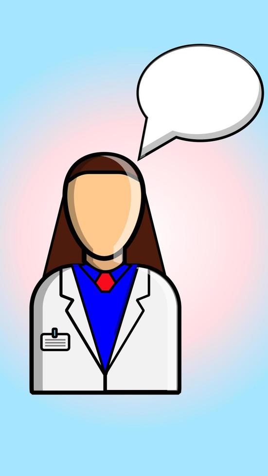 un hembra profesional médico en un blanco Saco en un degradado rosado azul antecedentes y un palabra nube habla y hace un médico diagnóstico. vector ilustración