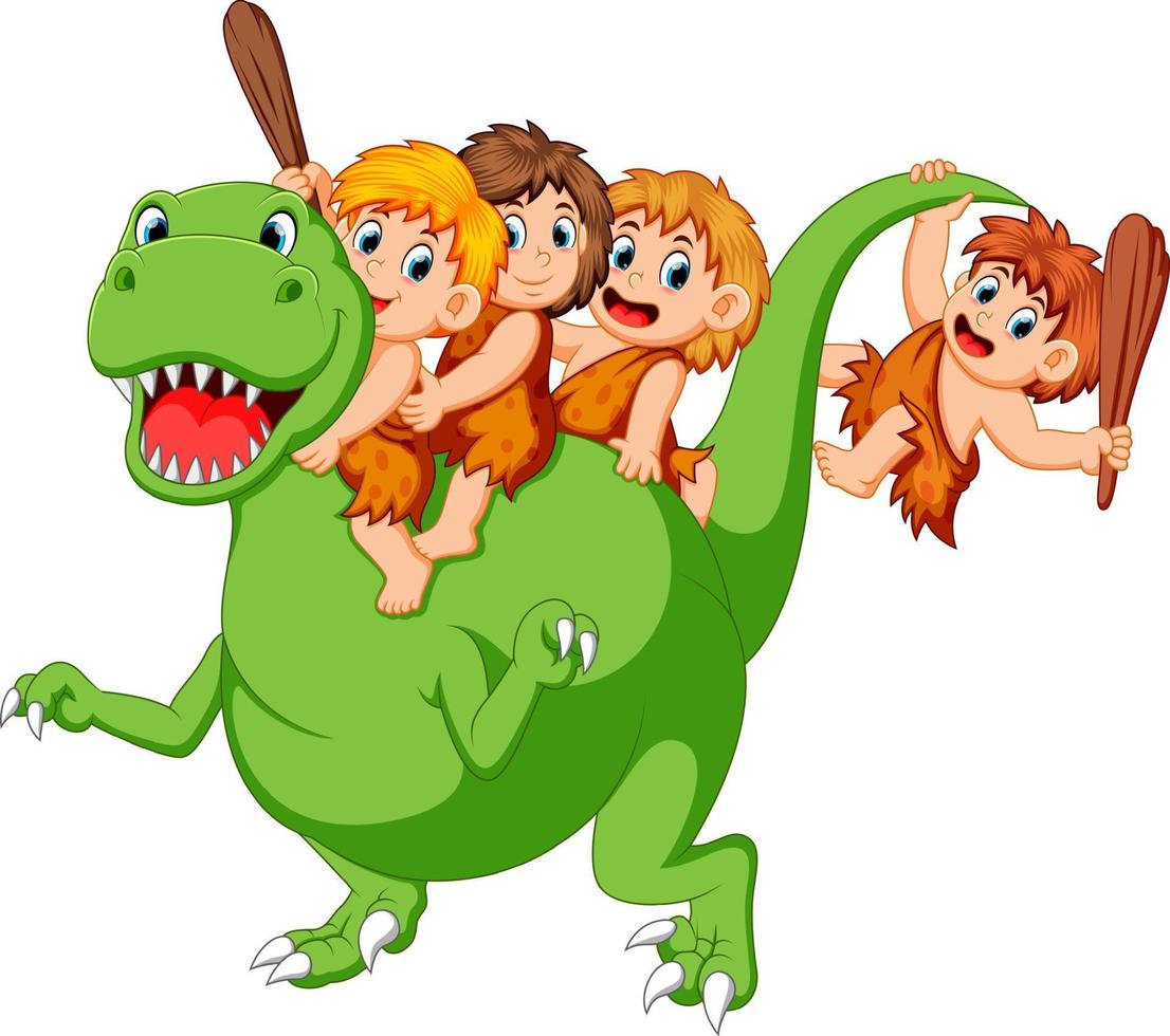 a group of ancient children playing with the Tyrannosaurus Rex's body and sitting on it vector