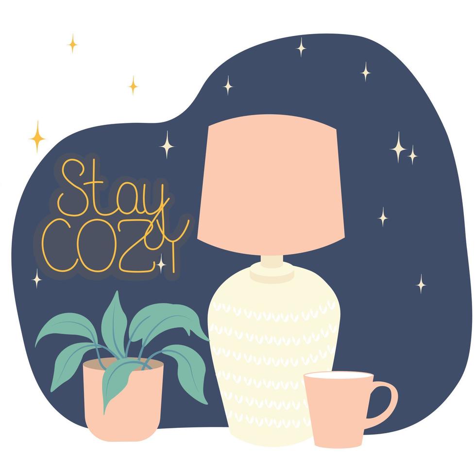 stay cozy. A cozy table lamp and a houseplant. Vector stock illustration. Night sky and stars. Evening home environment. Isolated on a white background.