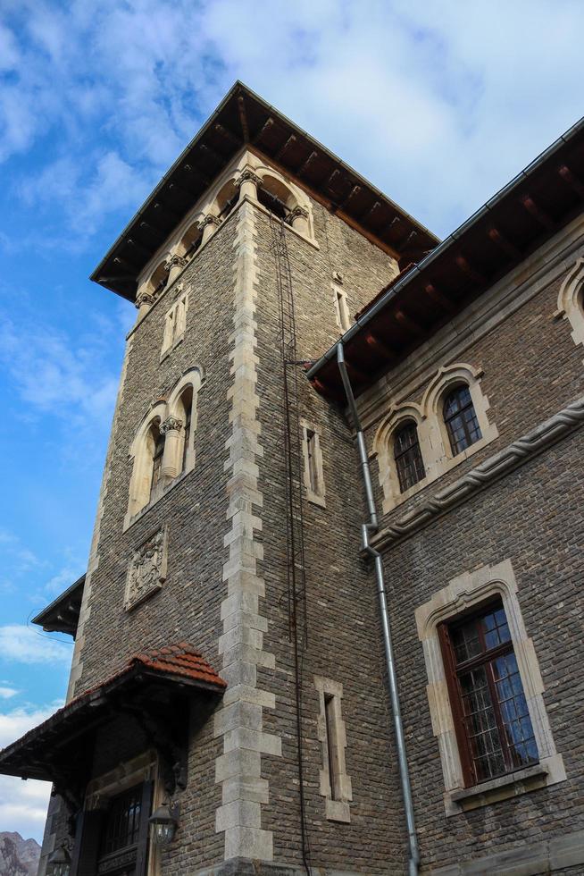 The second entrance to the Cantacuzino Castle is captured from a wide angle photo