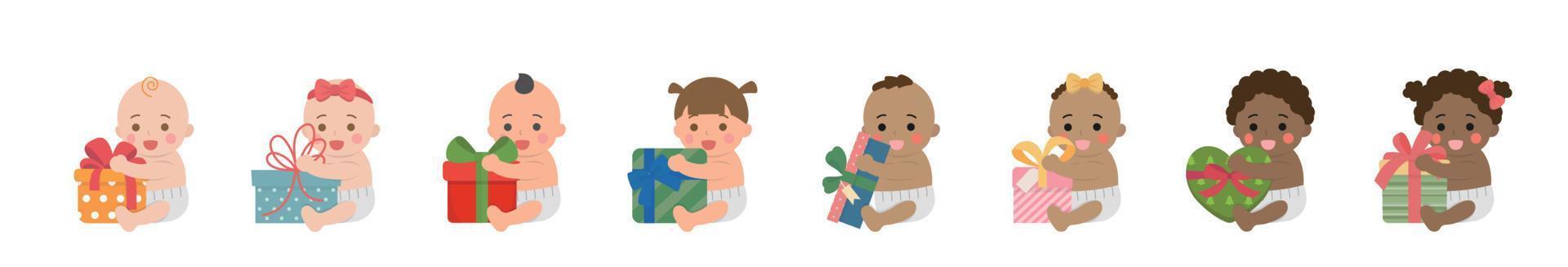 Set of happy cute babies or toddlers with gift boxes, christmas or birthday, giving gifts, vector cartoon style