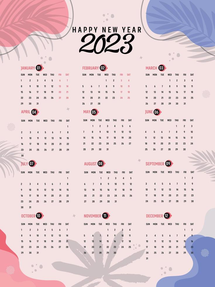 2023 Calendar year vector illustration. The week starts on Sunday Color Pro Vector