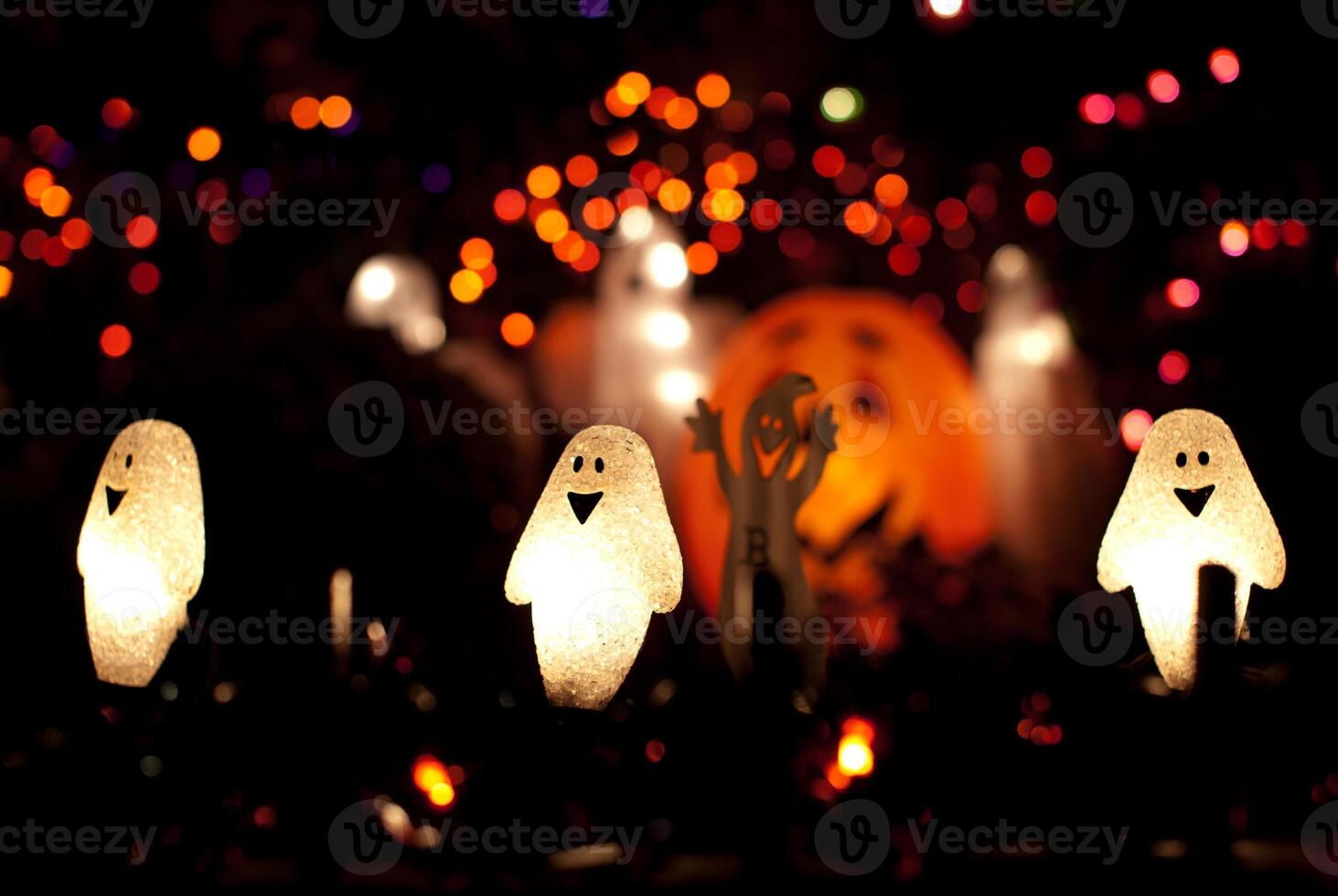 spooky ghost or pumpkin happy is a evil party with horror funny for scary trick. the halloween treat and holiday black of background creepy, celebration traditional and to pro photo