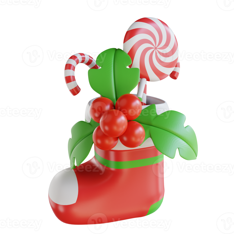 3d illustration holly and candy Christmas ornament socks png