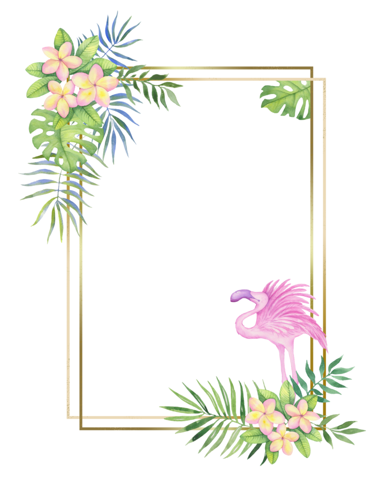 goldener rahmen mit tropischen blumen und blättern. aquarellillustration für einladungen, feiertagskarte png