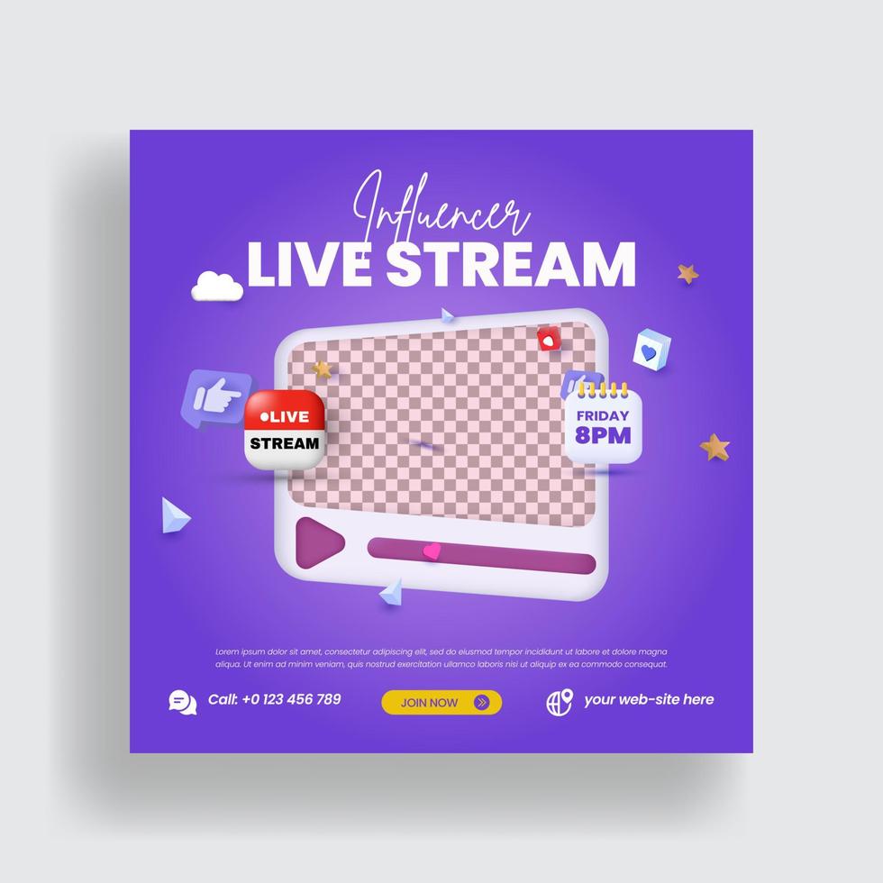 Live streaming post for business marketing social media post banner and live webinar corporate banner with 3d render style blue color flyer or poster template design vector