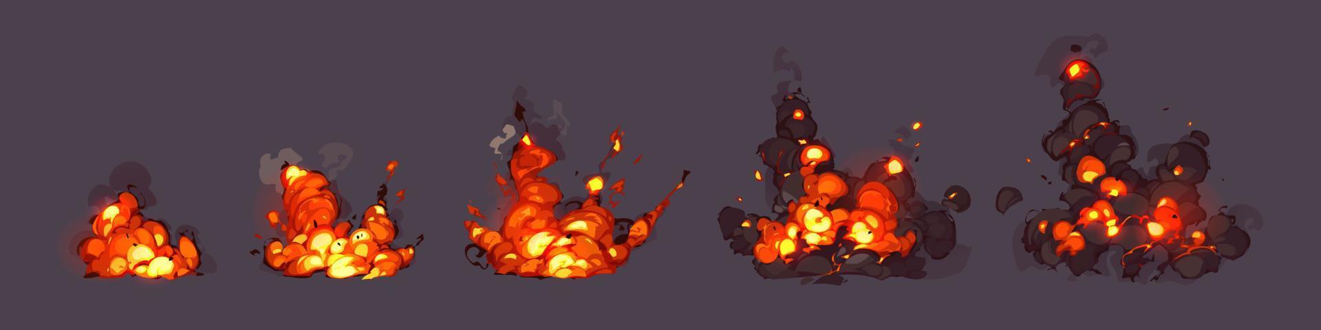 Cartoon dynamite or bomb explosion, fire boom set vector