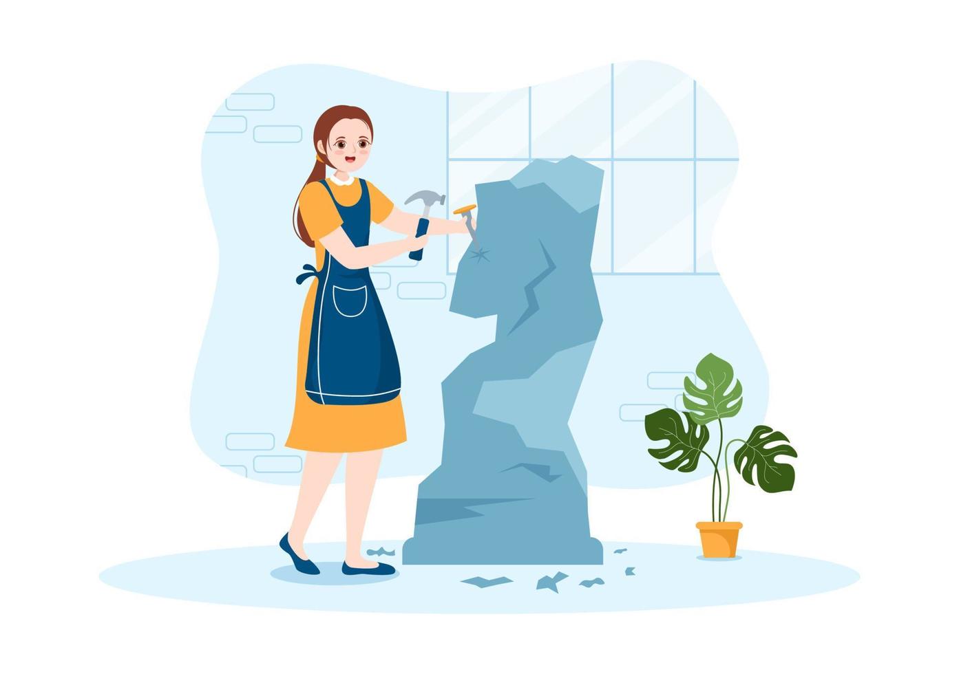 a Sculptor is Carving Sculpture to Form a Work and Will be on Display in the Museum on Flat Cartoon Hand Drawn Templates Illustration vector