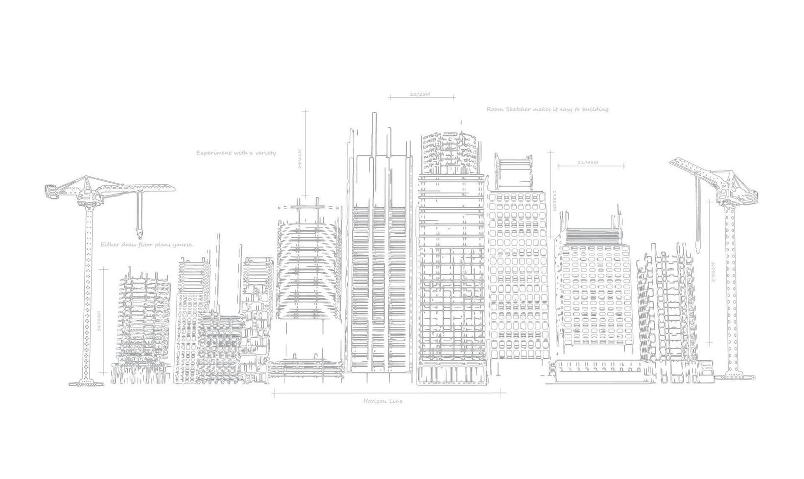 Skyscrapers in building process on the blueprints. Drawing city.Vector illustration vector