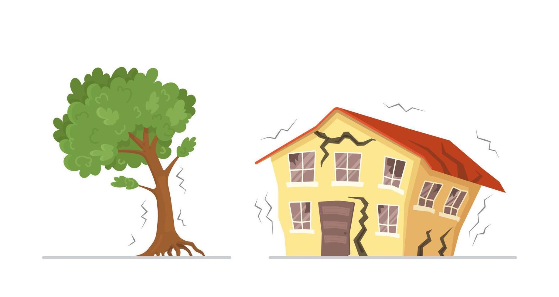 vector ilustración de el terremoto. roto amarillo casa y roto árbol desde terremoto aislado en blanco antecedentes.