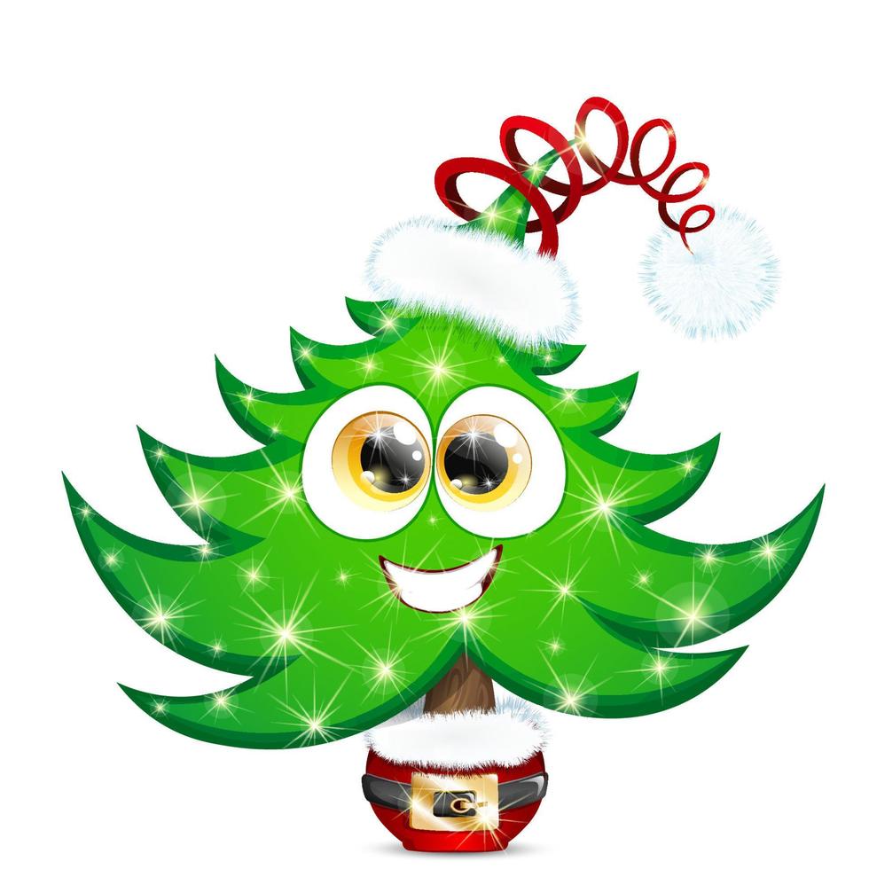 Funny fir tree character with Christmas Santa hat and Christmas lights in a pot, decorated like Santa costume vector