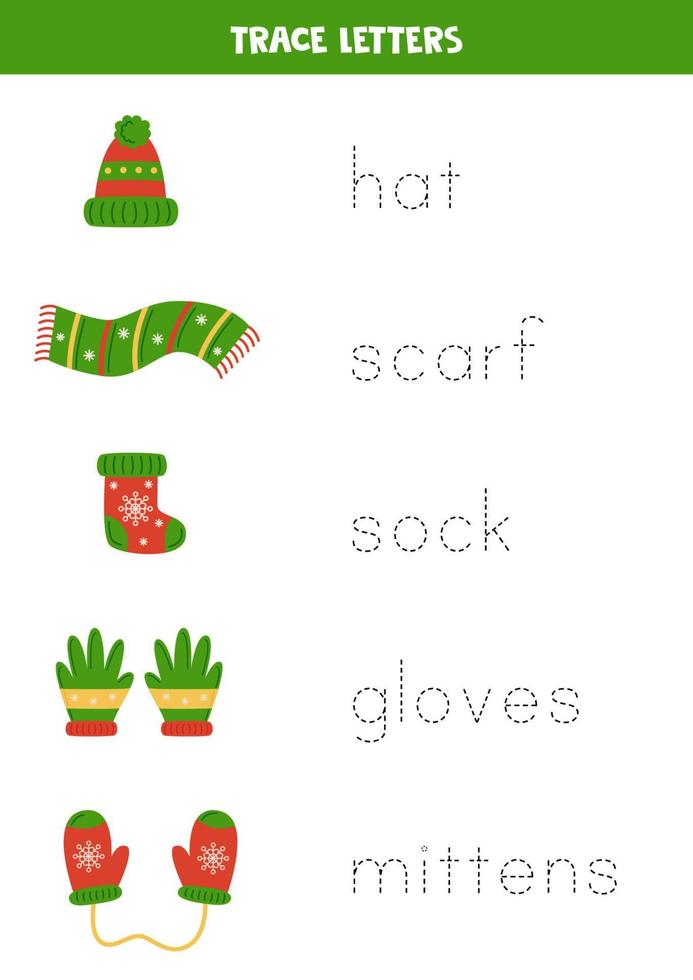 Tracing letters with warm winter accessories. Writing practice. vector