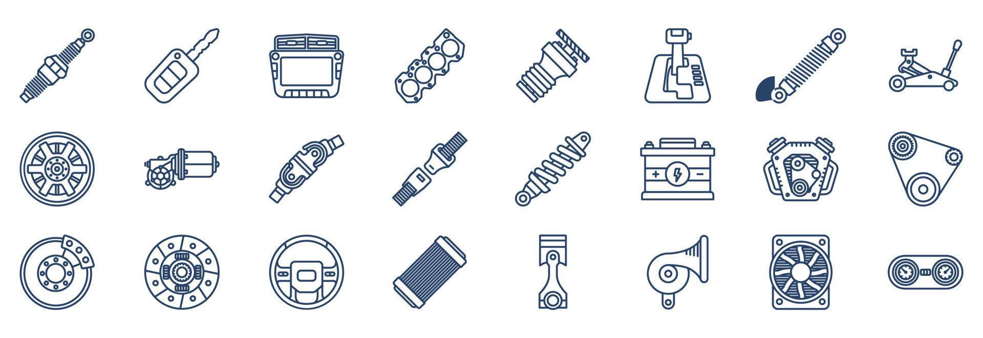 Collection of icons related to Car Equipments, including icons like Display, seat, car battery and more. vector illustrations, Pixel Perfect set