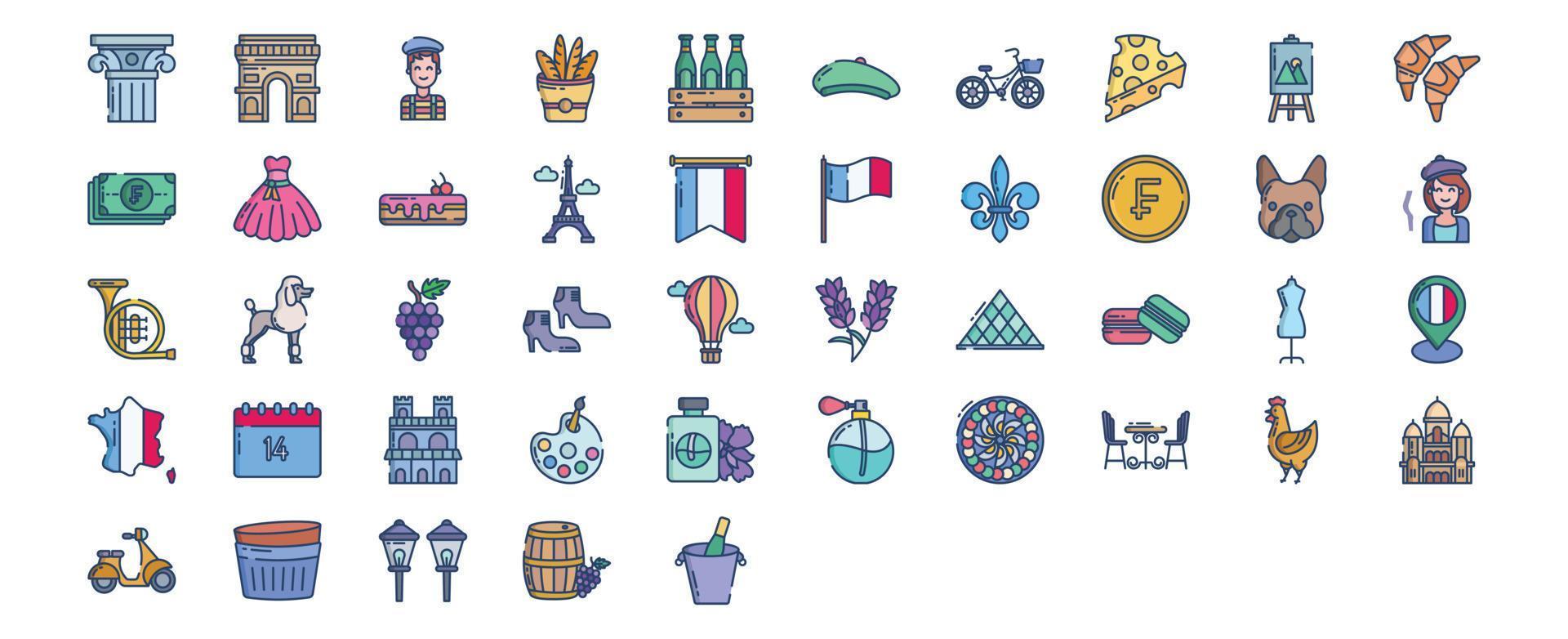 Collection of icons related to France, including icons like Artist, Bar, Perfume, Ancient Pillar and more. vector illustrations, Pixel Perfect set