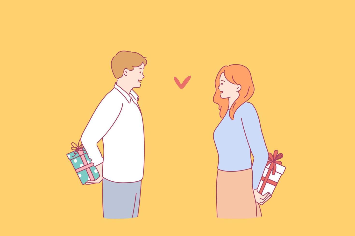 Valentines day celebrating and surprise concept. Young smiling couple man and woman standing opposite each other hiding holiday gift boxes over backs vector illustration