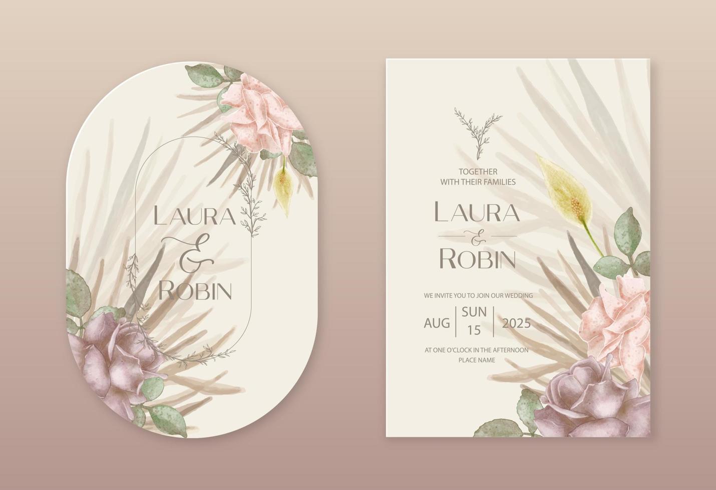 Wedding dried lunaria, rose, pampas grass floral vector card. Watercolor Exotic dried flowers, palm leaves boho invitation template. Save the Date foliage cover, modern poster, trendy design.