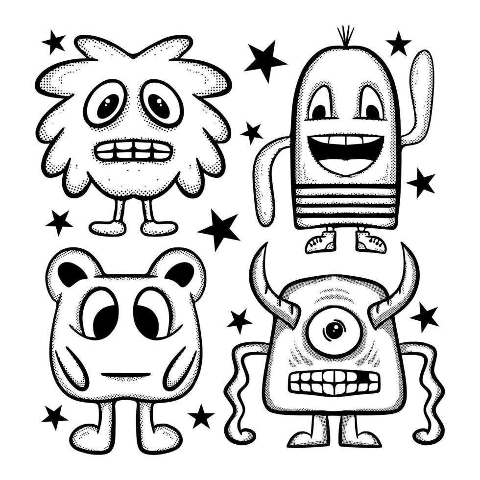 Collection set monster cute kawaii Doodle Illustration hand drawn sketch for tattoo, stickers, etc vector