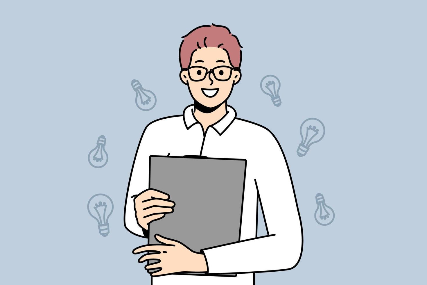 un joven sonriente con una carpeta en las manos genera ideas creativas de negocios. chico feliz y motivado con gafas sosteniendo un documento de papeleo. negocios y creatividad. ilustración vectorial vector