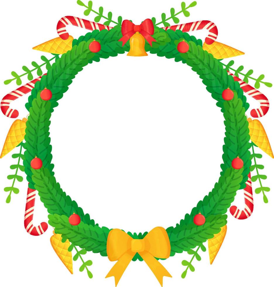 corona de navidad con bolas arcos campanas dulces y flores vector