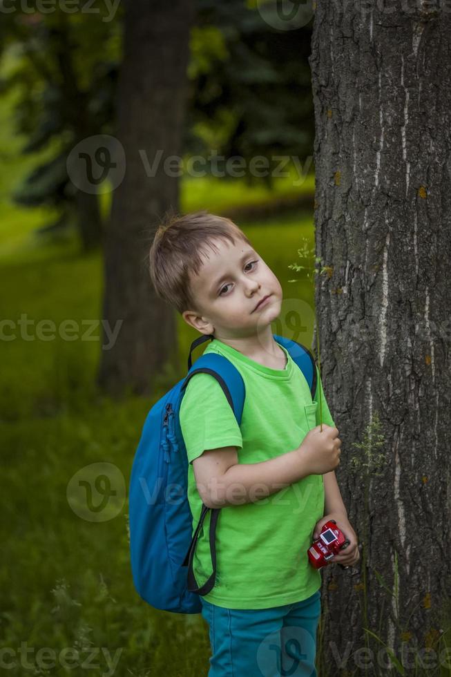 retrato de un niño, un chico en contra el antecedentes de plantas en un aire libre parque. niños, viajar. estilo de vida en el ciudad. centro, calles foto