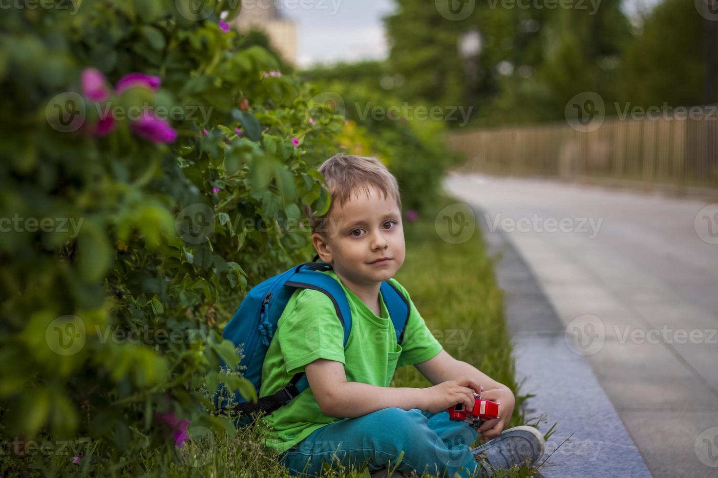 Portrait of a child, a boy against the background of plants in an open-air park. Children, Travel. Lifestyle in the city. Center, streets. photo