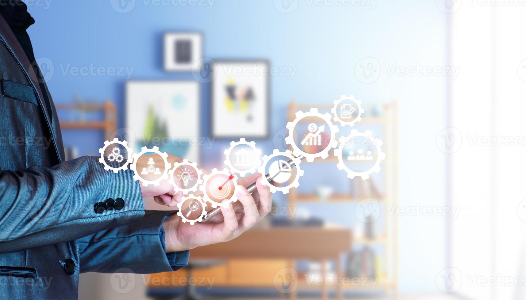 Business database analysis concept. Businessman analyzing economic data. related to business operations, analysis of future economic trends, virtual screens, business networking, internet technology. photo