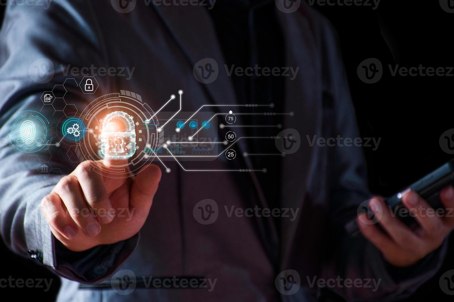 Cyber security concept. Businessman login access business sensitive information, data security, secure company internet network, hack protection, fingerprint scanner, cyber space, business security photo