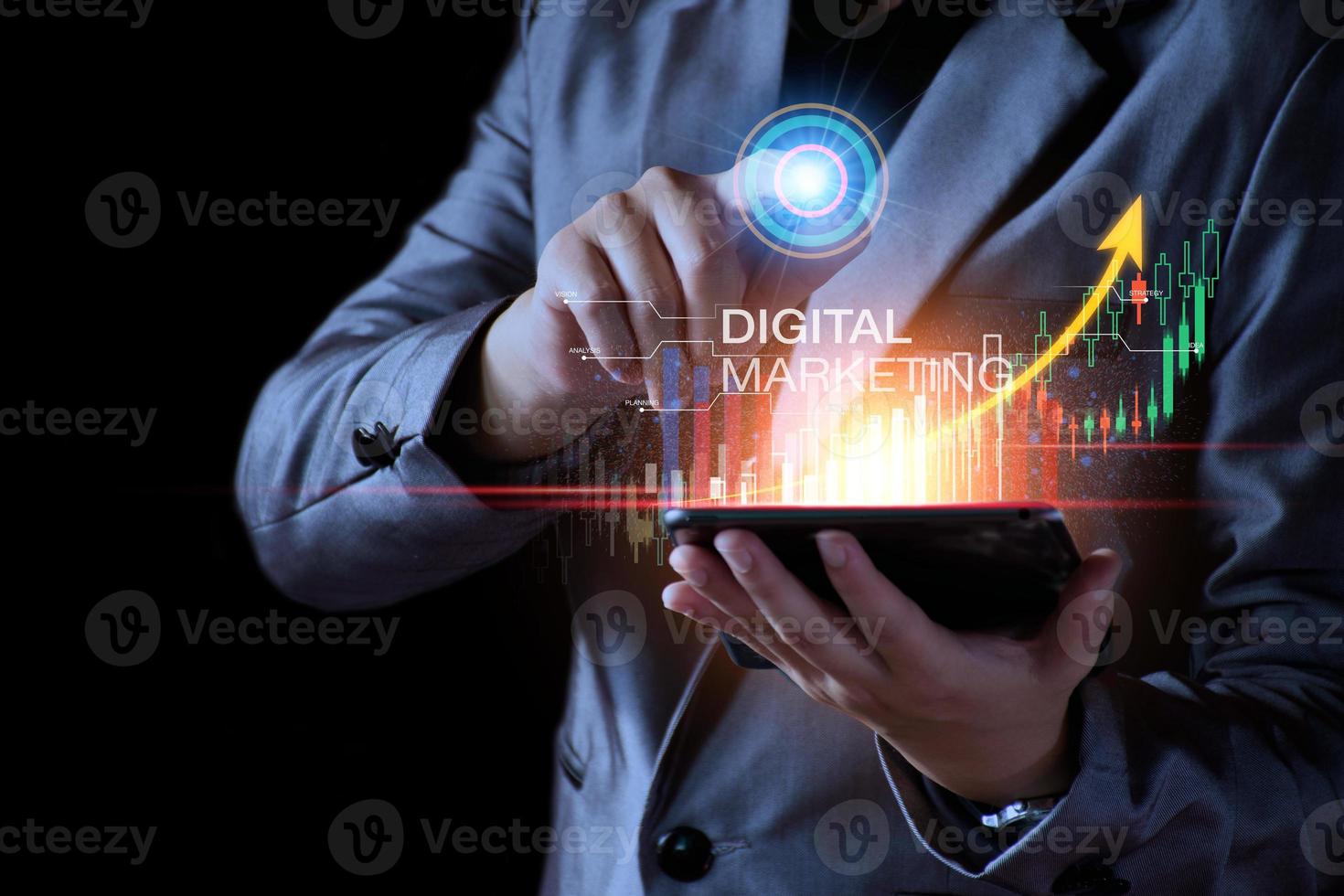 Digital marketing concept. Business man analyzing internet marketing online, business planning, online digital business, online stock market analysis, stock chart upward trend, digital stock trading. photo