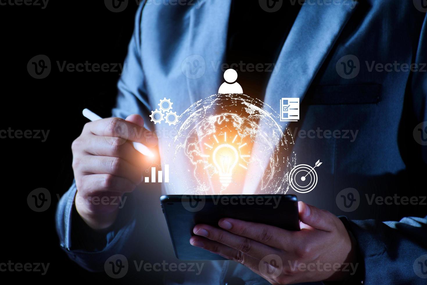 Businessman using mobile smartphone on global network connection on investor and customer with sale data exchange and development of business. Technology and digital marketing. Financial and banking. photo