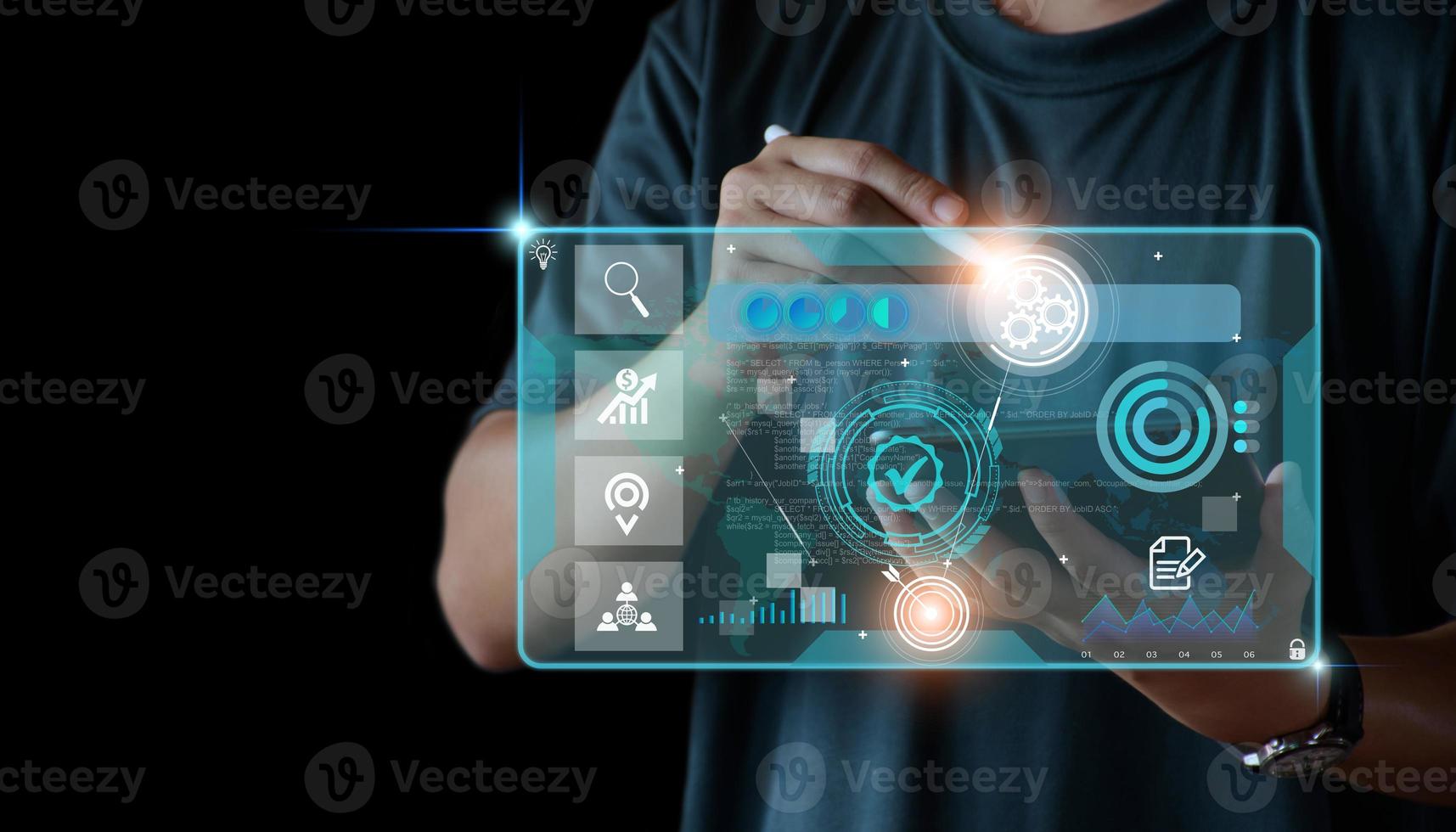 Business database analysis concept. Businessman analyzing economic data. related to business operations, analysis of future economic trends, virtual screens, business networking, internet technology. photo