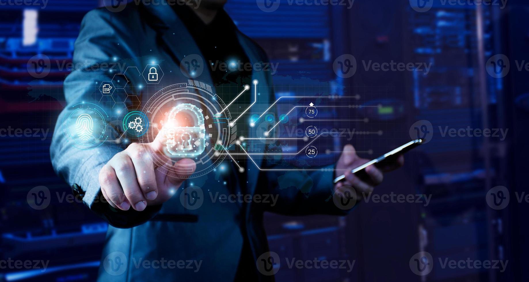 Cyber security concept. Businessman login access business sensitive information, data security, secure company internet network, hack protection, fingerprint scanner, cyber space, business security photo
