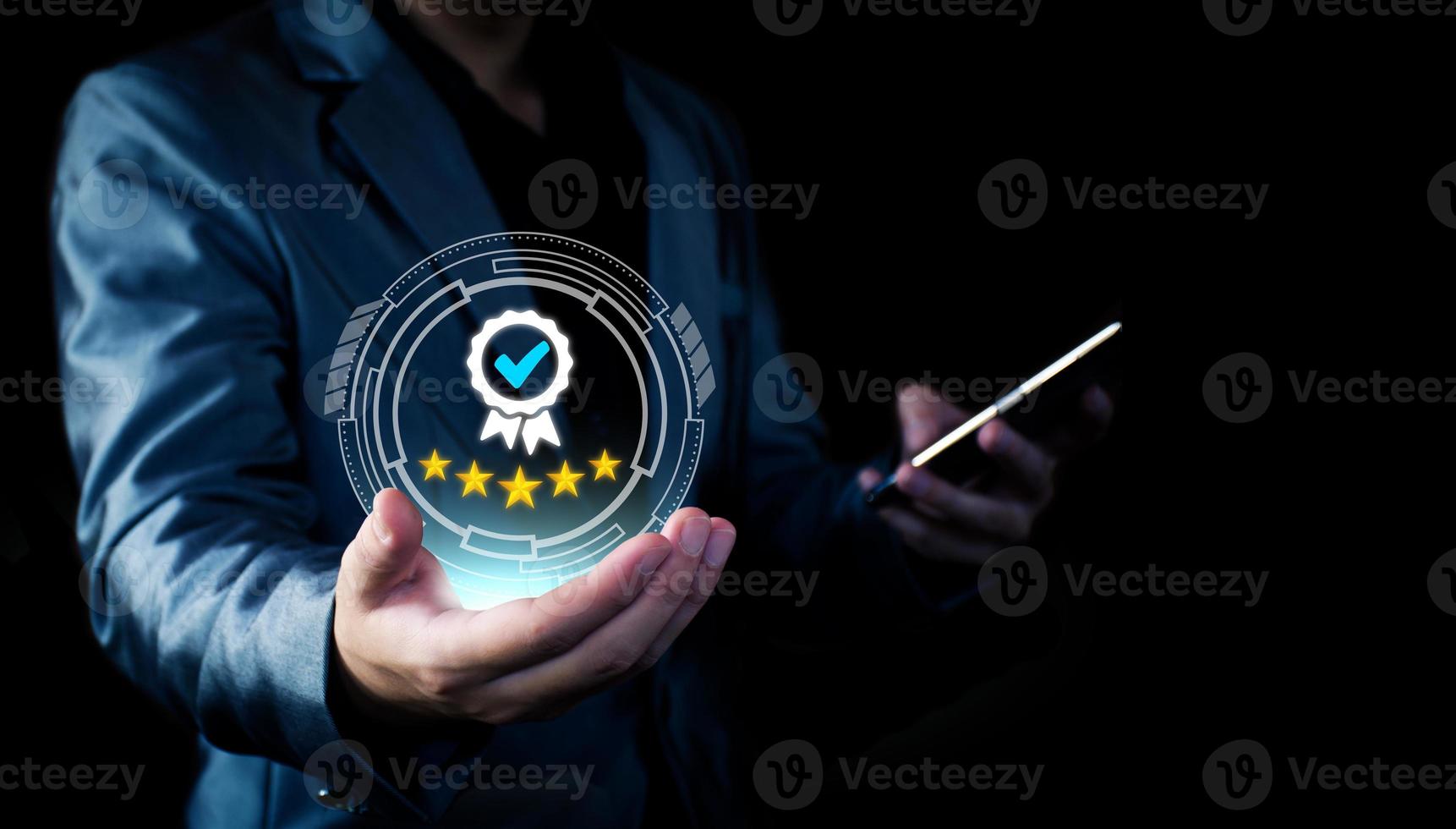 The concept of providing a five-star premium service. businessman showing award High standards are guaranteed, service quality, business success, work efficiency, top quality assurance 5 stars. photo