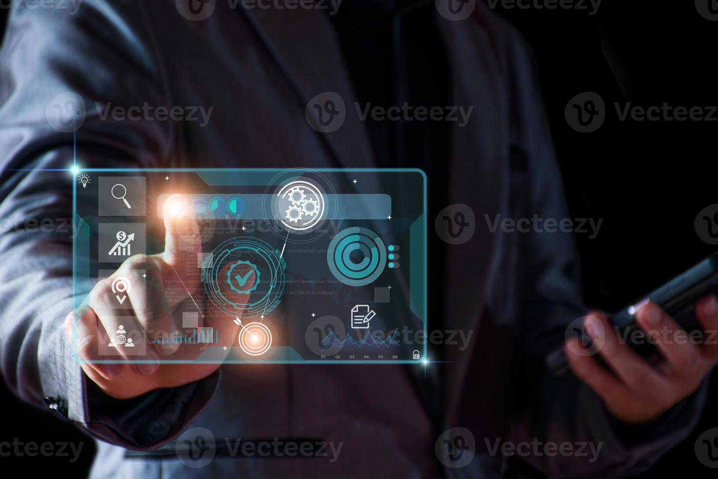 Business database analysis concept. Businessman analyzing economic data. related to business operations, analysis of future economic trends, virtual screens, business networking, internet technology. photo