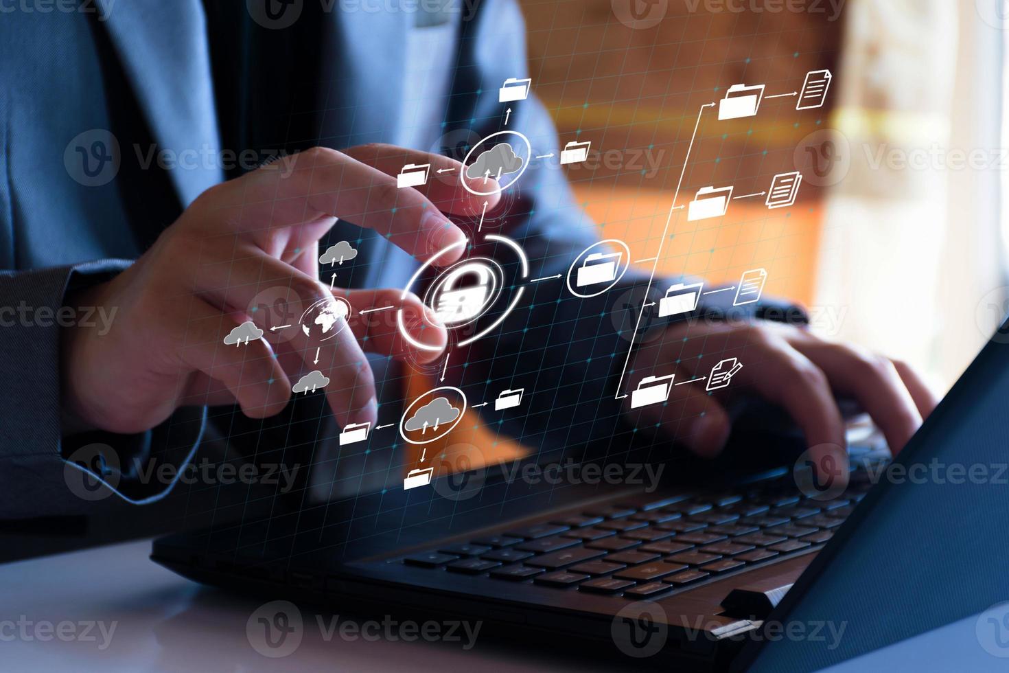 Digital file management concept. Businessman are accessing big data storage on Internet, Digital Storage, Cyber Security, Global Data Links, Digital Business, Files data, Internet of things. photo