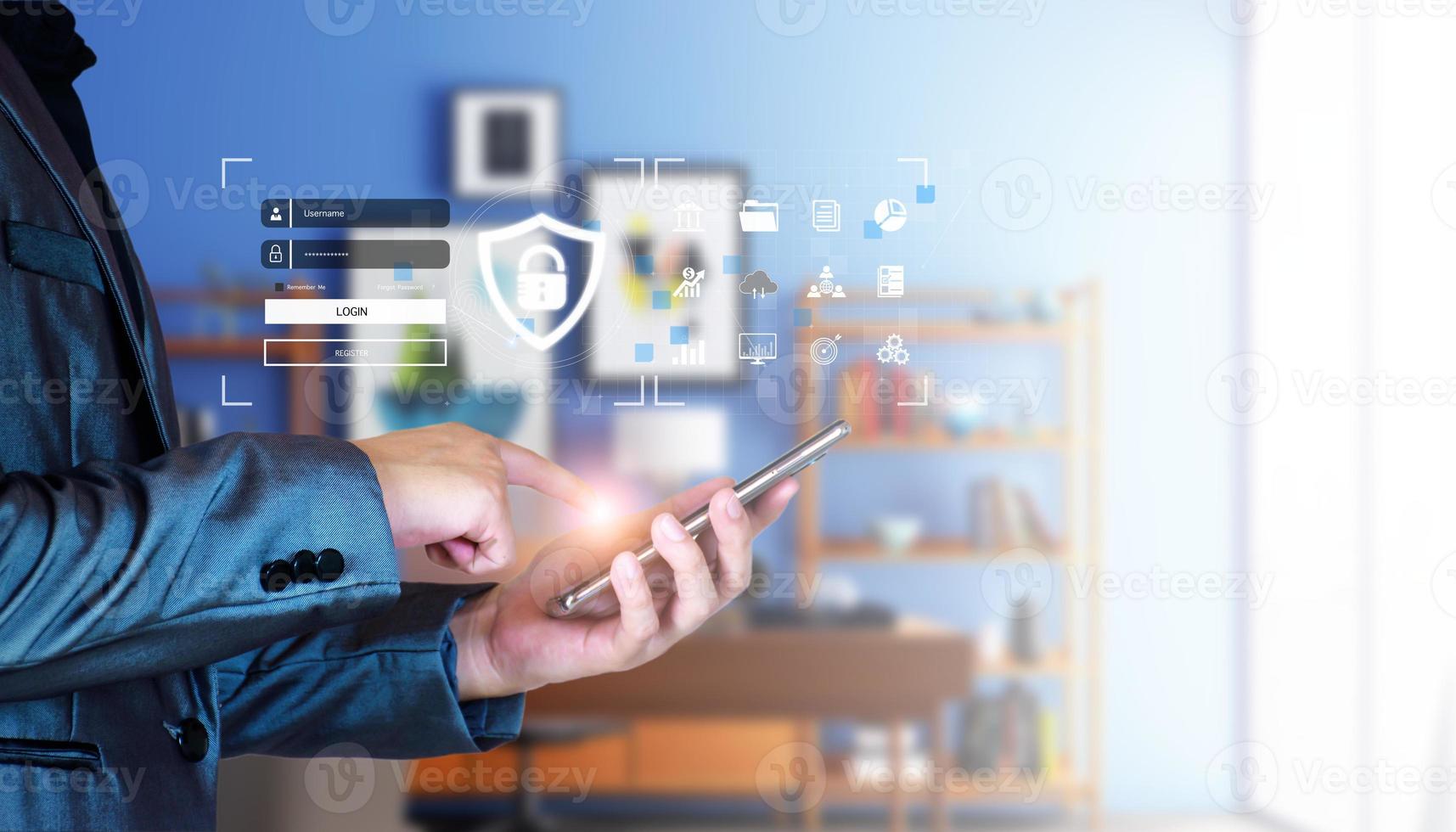 Cyber security concept. Businessman login access business sensitive information, data security, secure company internet network, hack protection, fingerprint scanner, cyber space, business security photo