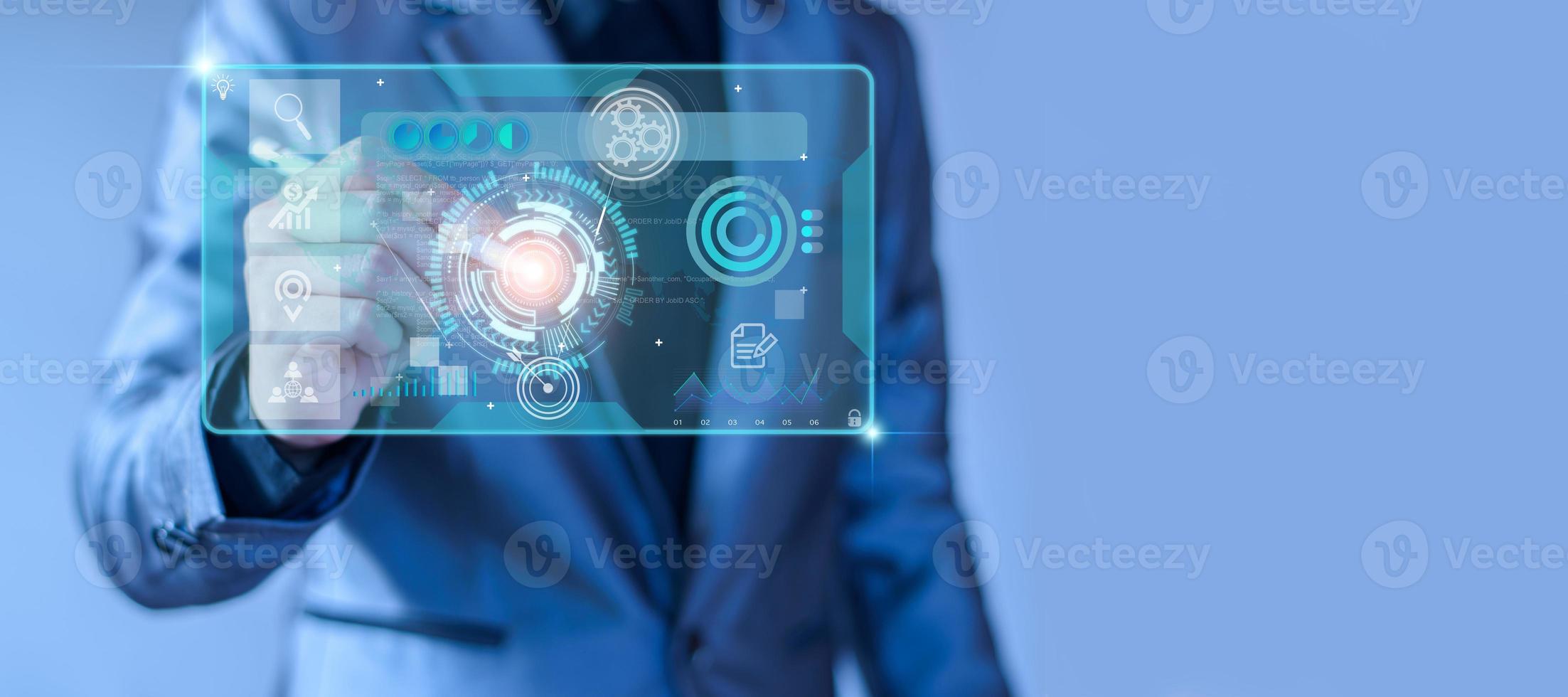 Business database analysis concept. Businessman analyzing economic data. related to business operations, analysis of future economic trends, virtual screens, business networking, internet technology. photo