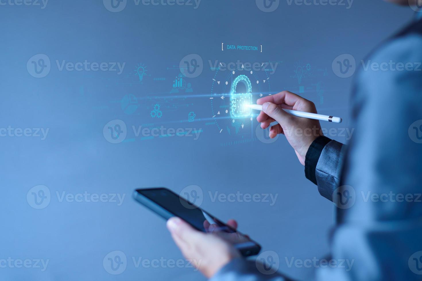 Cyber security network. Padlock icon and internet technology networking. Businessman protecting data personal information on tablet and virtual interface. Data protection privacy concept. GDPR. EU. photo